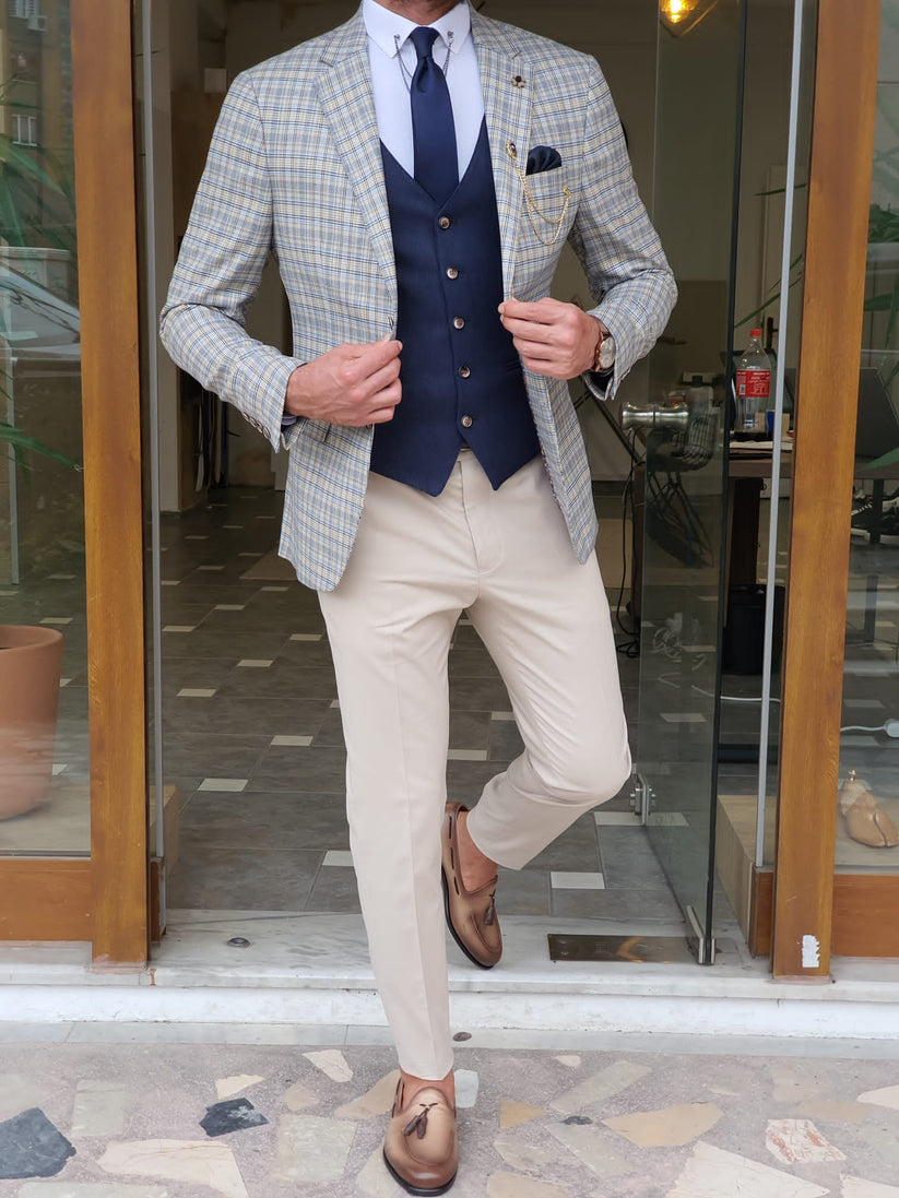 Monterey Navy Blue Plaid Slim Fit Suit – BRABION
