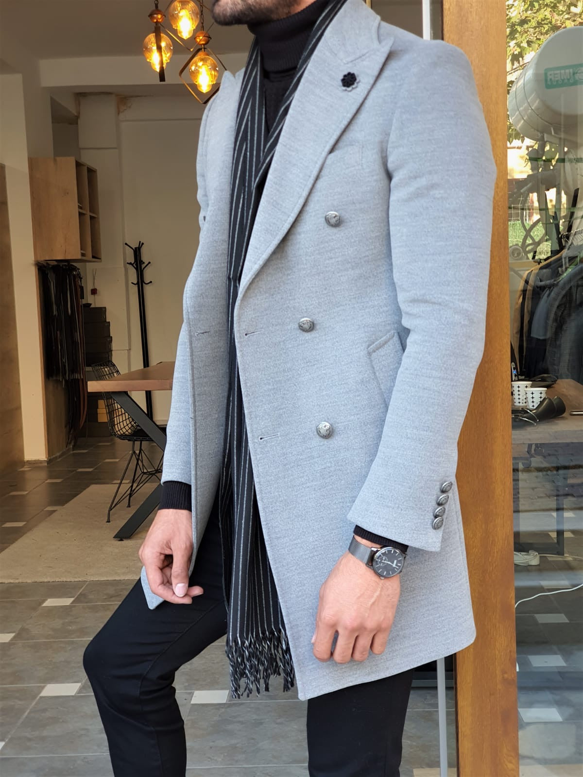 Stefano Gray Slim Fit Wool Long Coat – BRABION