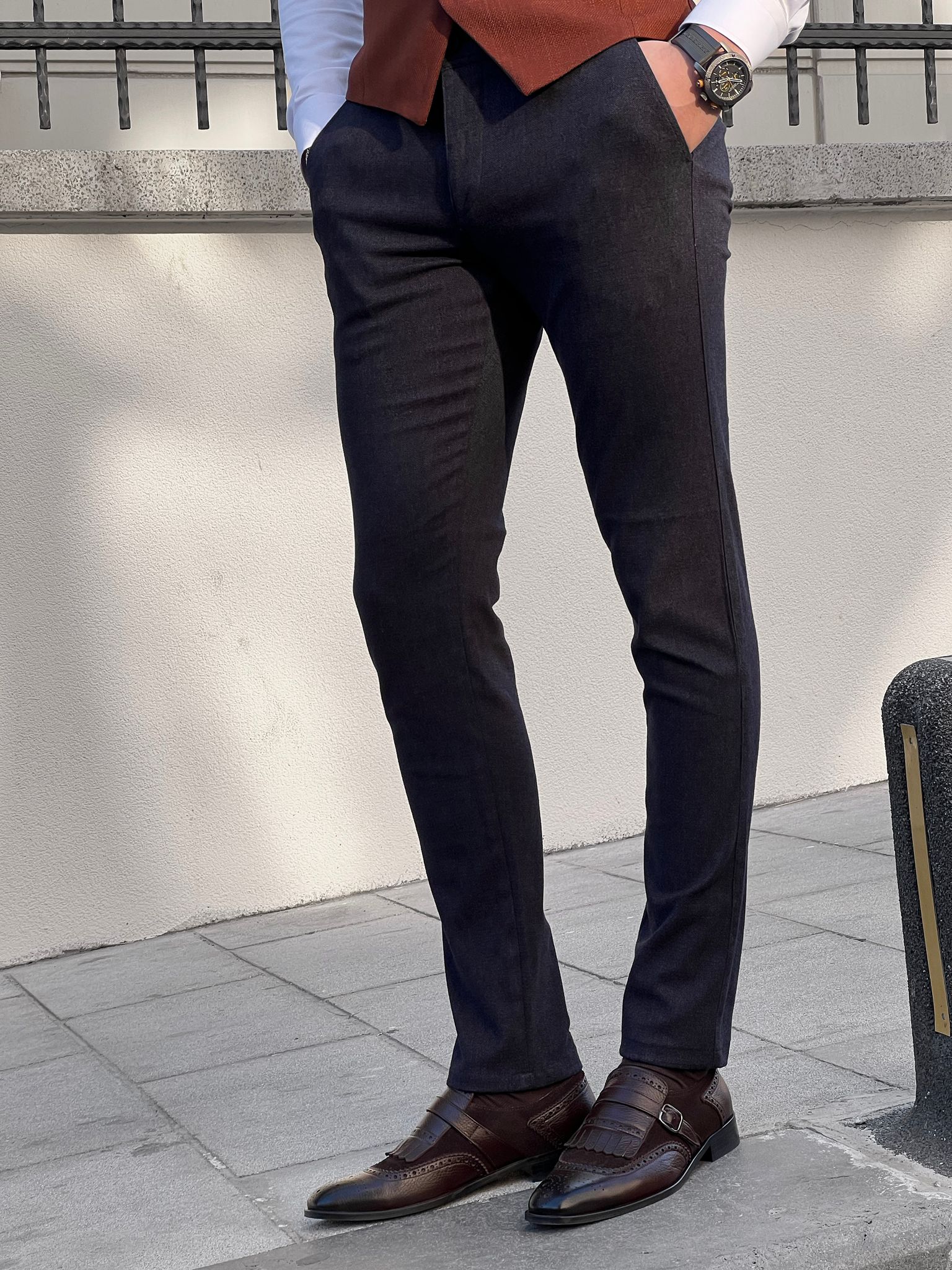 Fabio Navy Blue Slim Fit Cotton Pants – BRABION