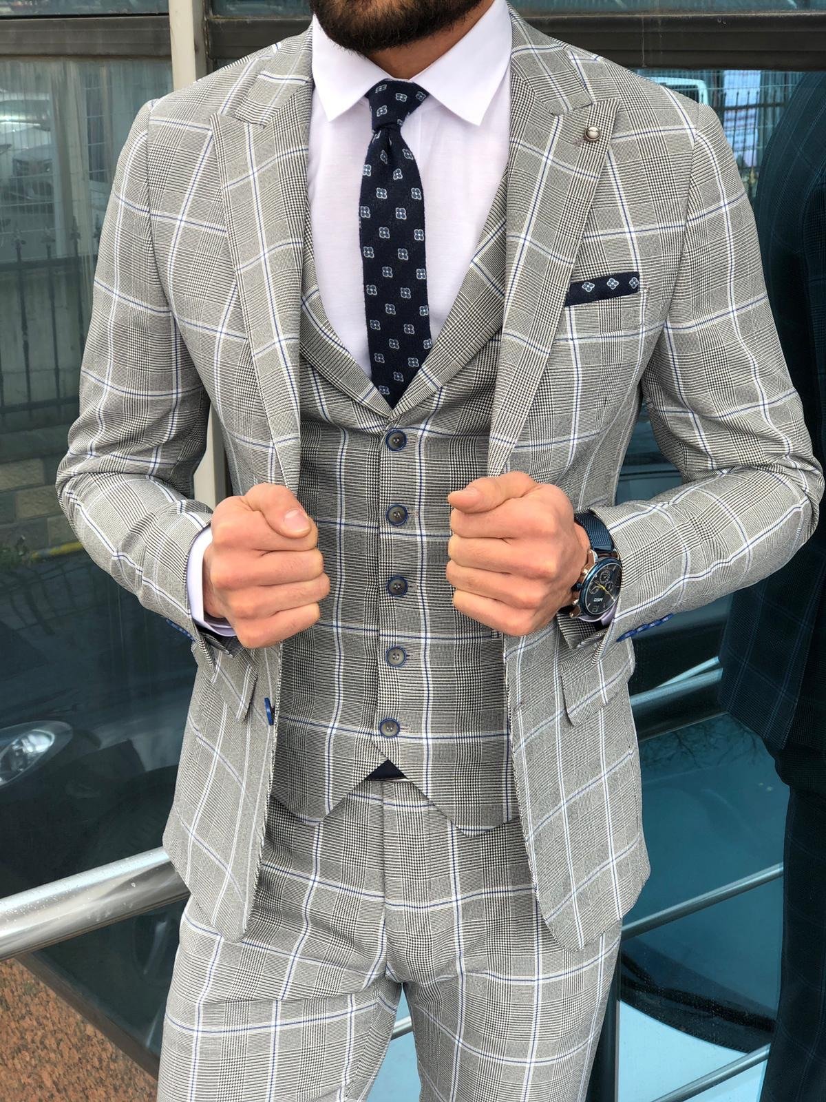 Austin Gray Plaid Slim-Fit Suit – BRABION