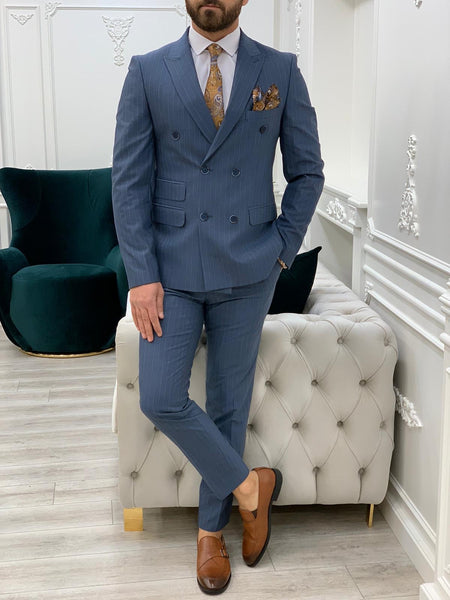 blue double breasted pinstripe suit