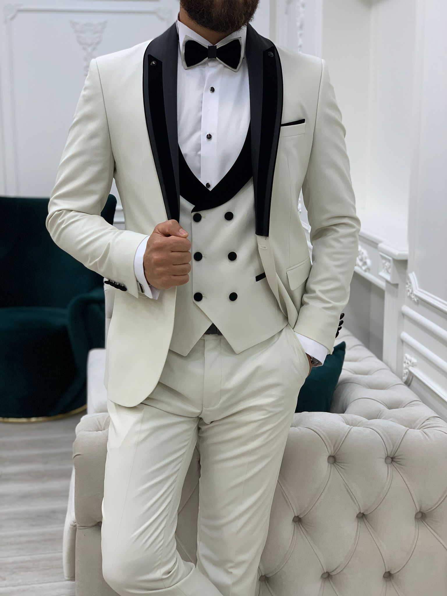 Ventura White Slim Fit Shawl Lapel Tuxedo – BRABION