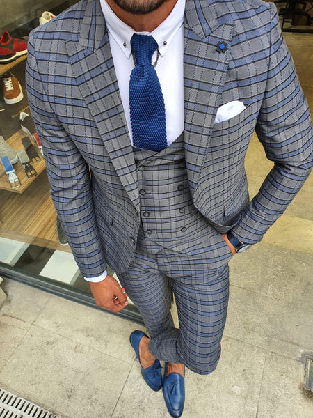 Mobile Gray Slim Fit Plaid Suit – brabion