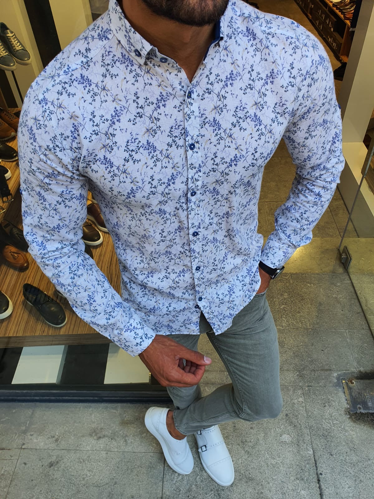 Racine White Slim Fit Floral Shirt – BRABION