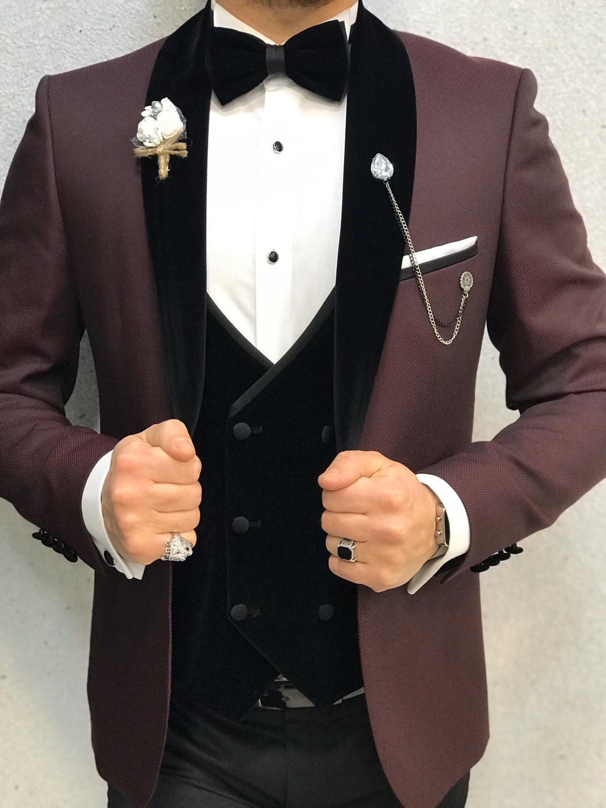 Ventura Burgundy Slim Fit Velvet Tuxedo – BRABION