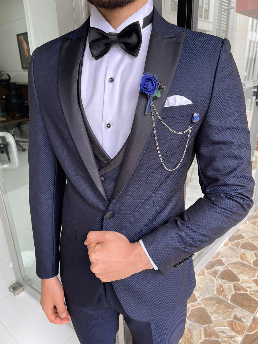 Capel Navy Blue Slim Fit Peak Lapel Wool Tuxedo – brabion