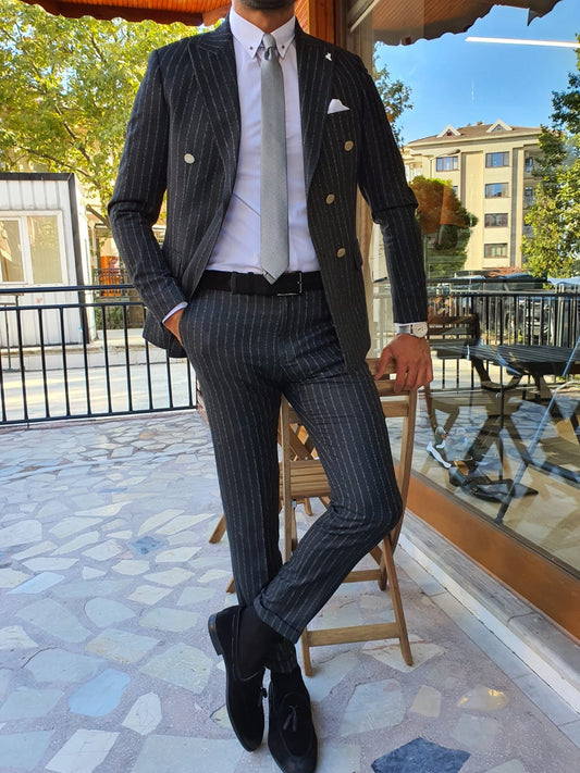 Boston Navy Blue Slim Fit Double Breasted Pinstripe Suit