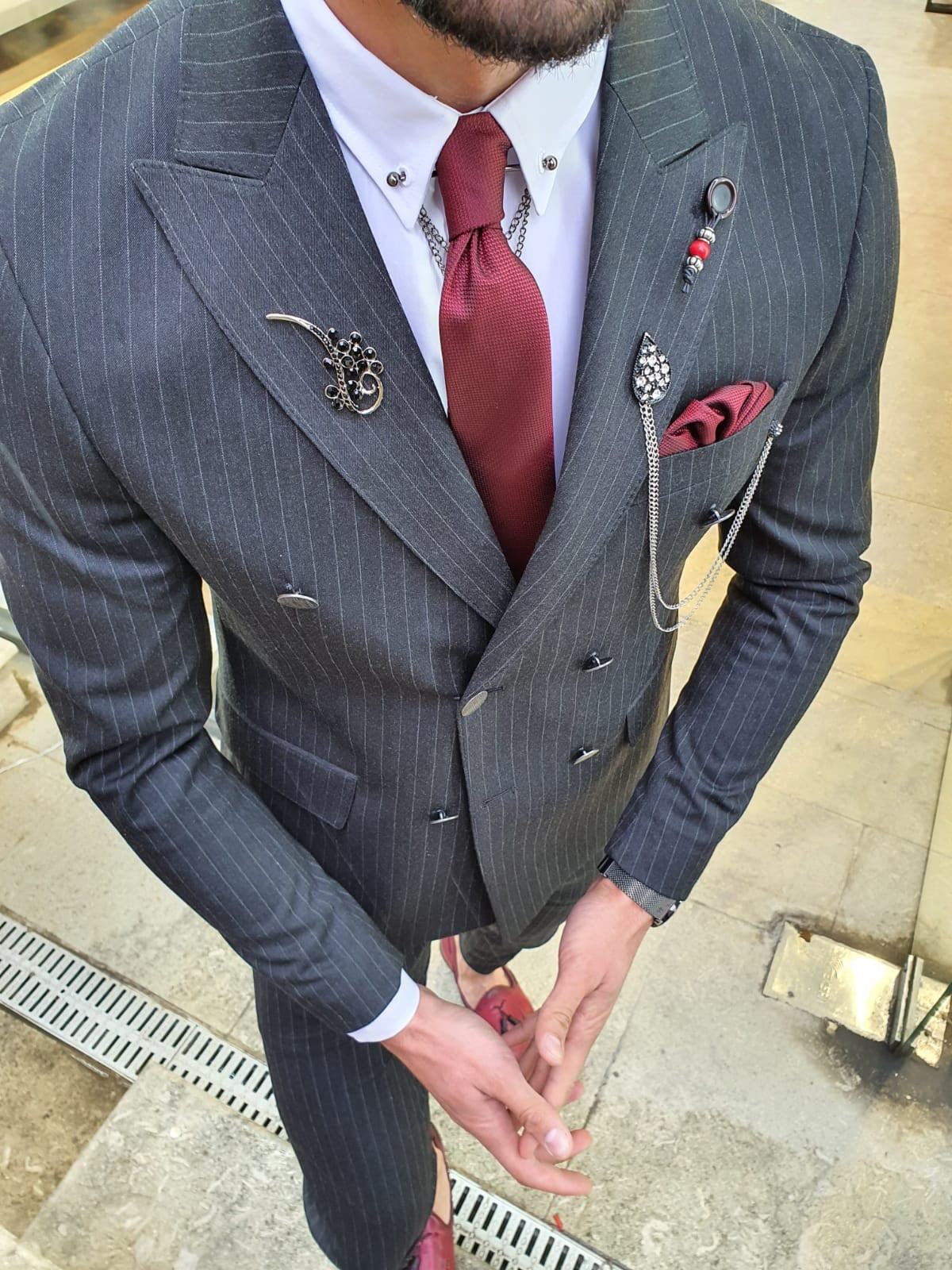 Olympia Black Slim Fit Double Breasted Pinstripe Suit – BRABION
