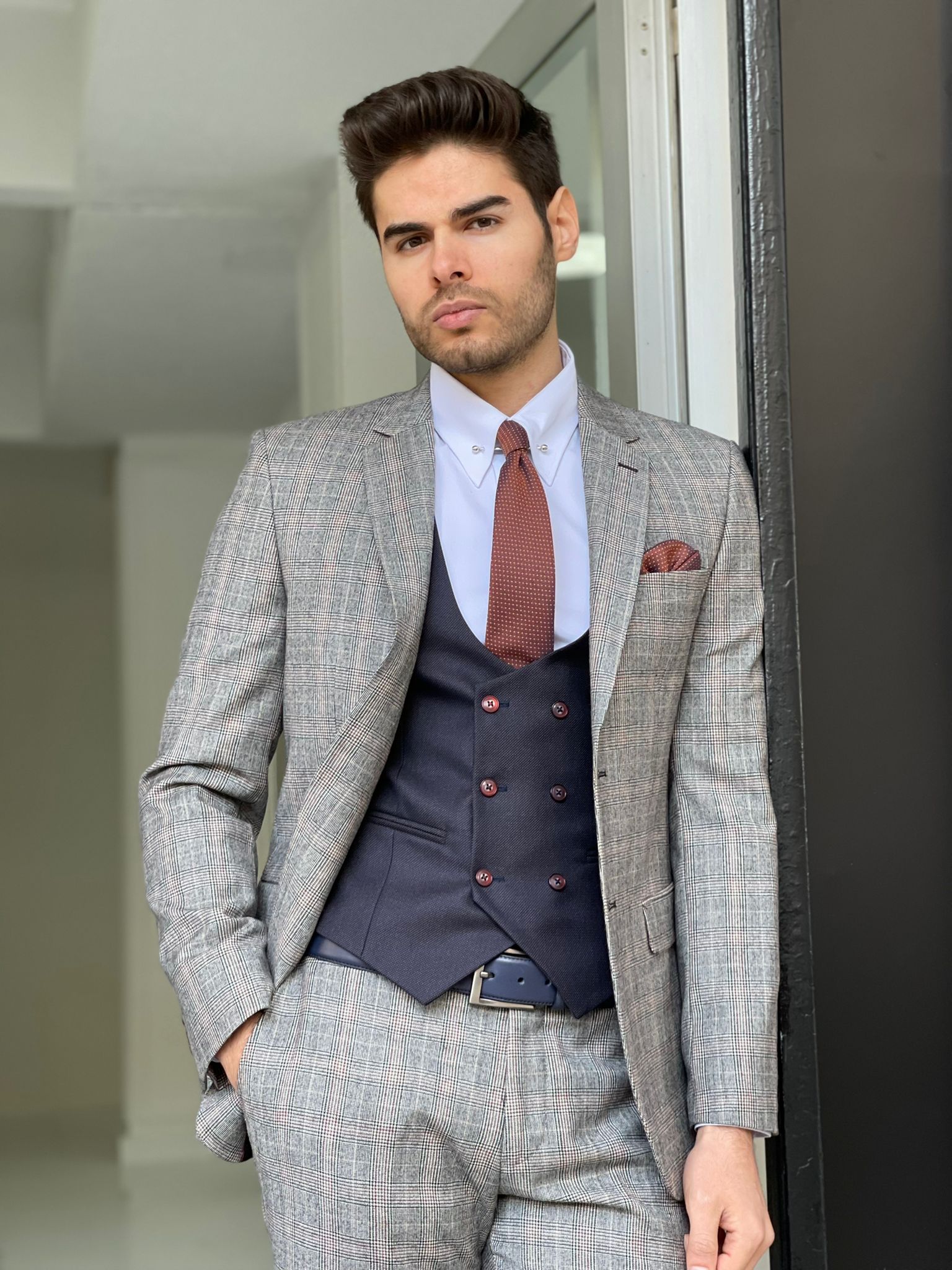 Toros Beige Slim Fit Notch Lapel Plaid Wool Suit – BRABION