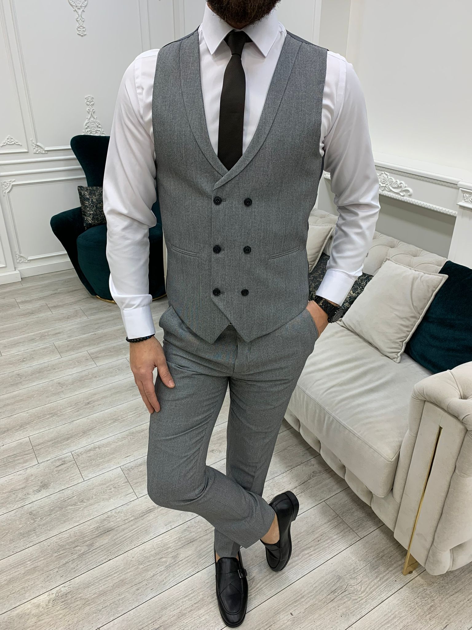 Bergen Gray Slim Fit Peak Lapel Crosshatch Suit – Brabion