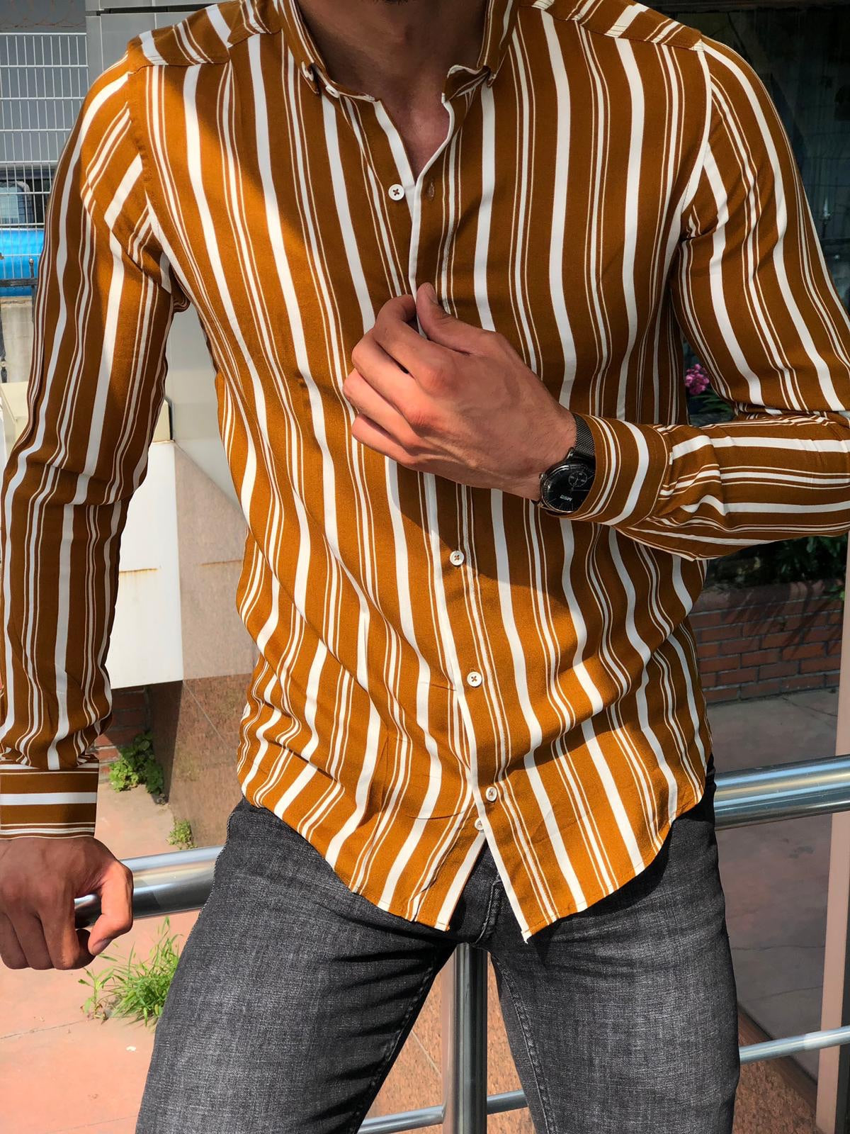 Camel Striped Slim Fit Shirt – BRABION