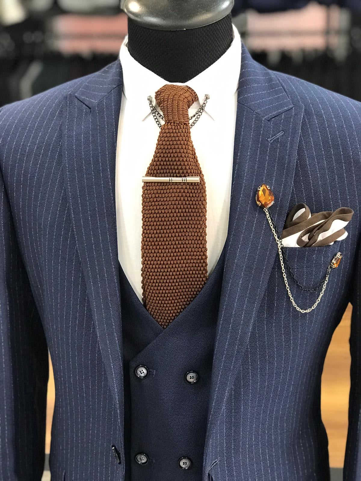 London Navy Blue Slim Fit Pinstripe Suit – BRABION