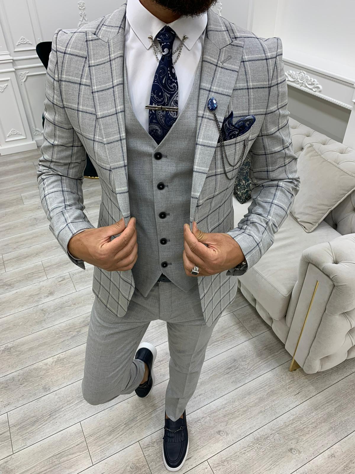 Olympia Gray Slim Fit Peak Lapel Plaid Suit – BRABION