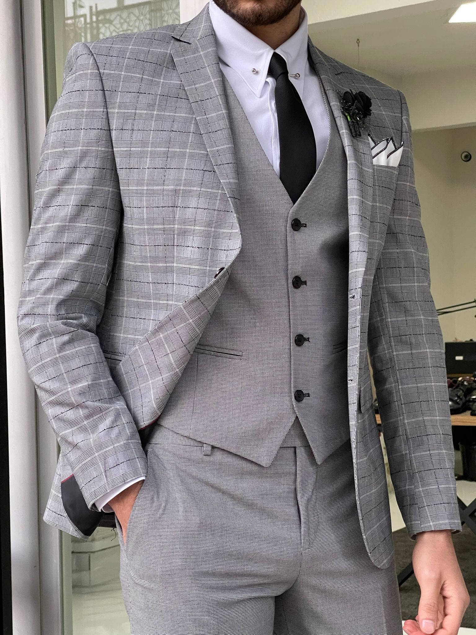 Hazel Gray Slim Fit Peak Lapel Plaid Wool Suit – brabion