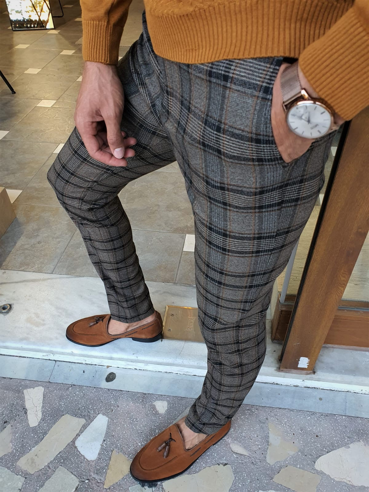 Henderson Camel Slim Fit Plaid Pants – BRABION