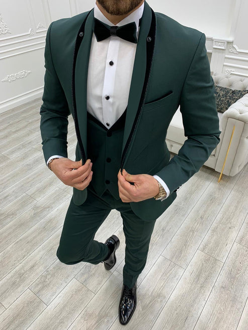 Infinite Green Slim Fit Velvet Peak Lapel Tuxedo – BRABION