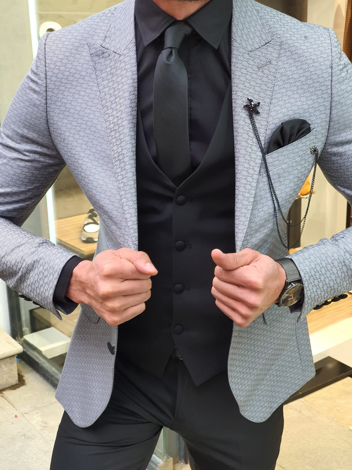 VillaNova Gray Slim Fit Patterned Suit – brabion