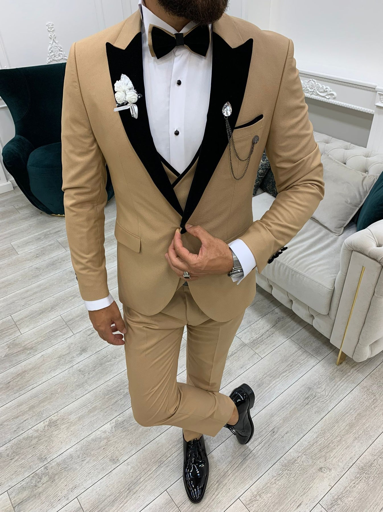 Acacia Golden Slim Fit Velvet Peak Lapel Tuxedo – BRABION