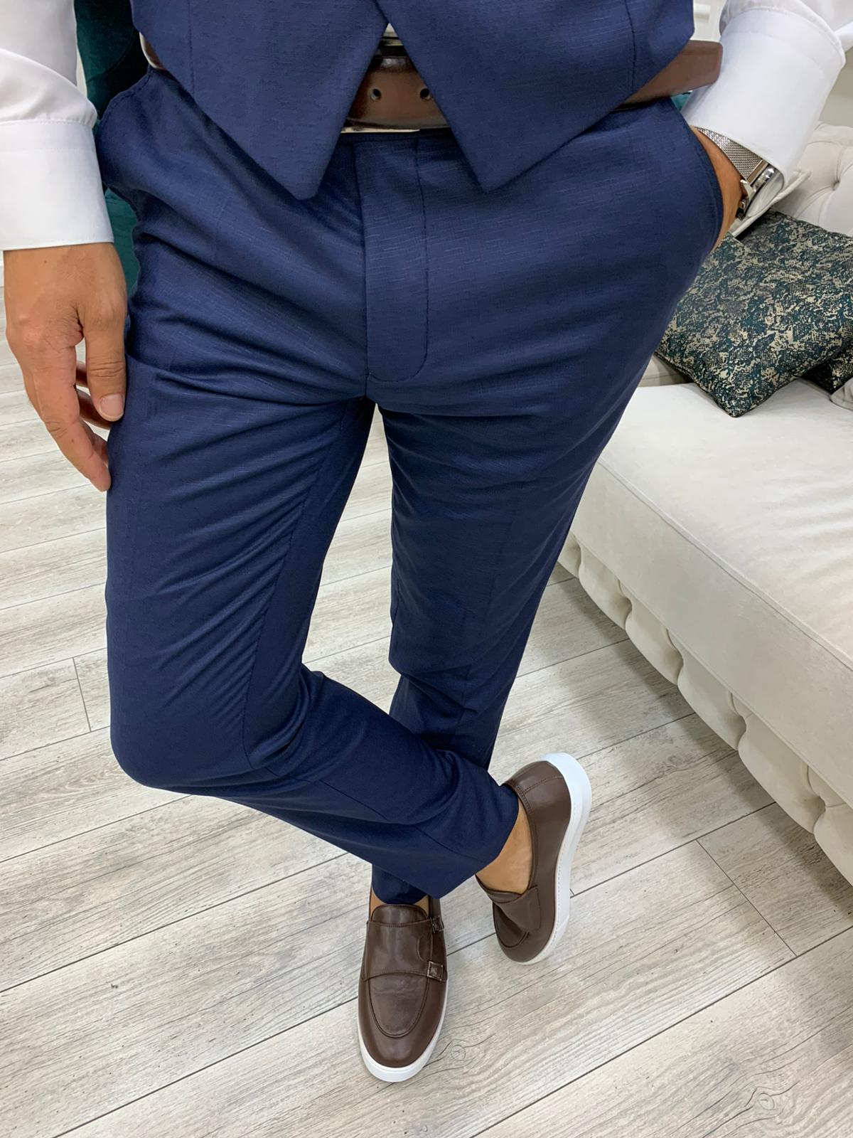 Olympia Navy Blue Slim Fit Peak Lapel Plaid Suit – BRABION