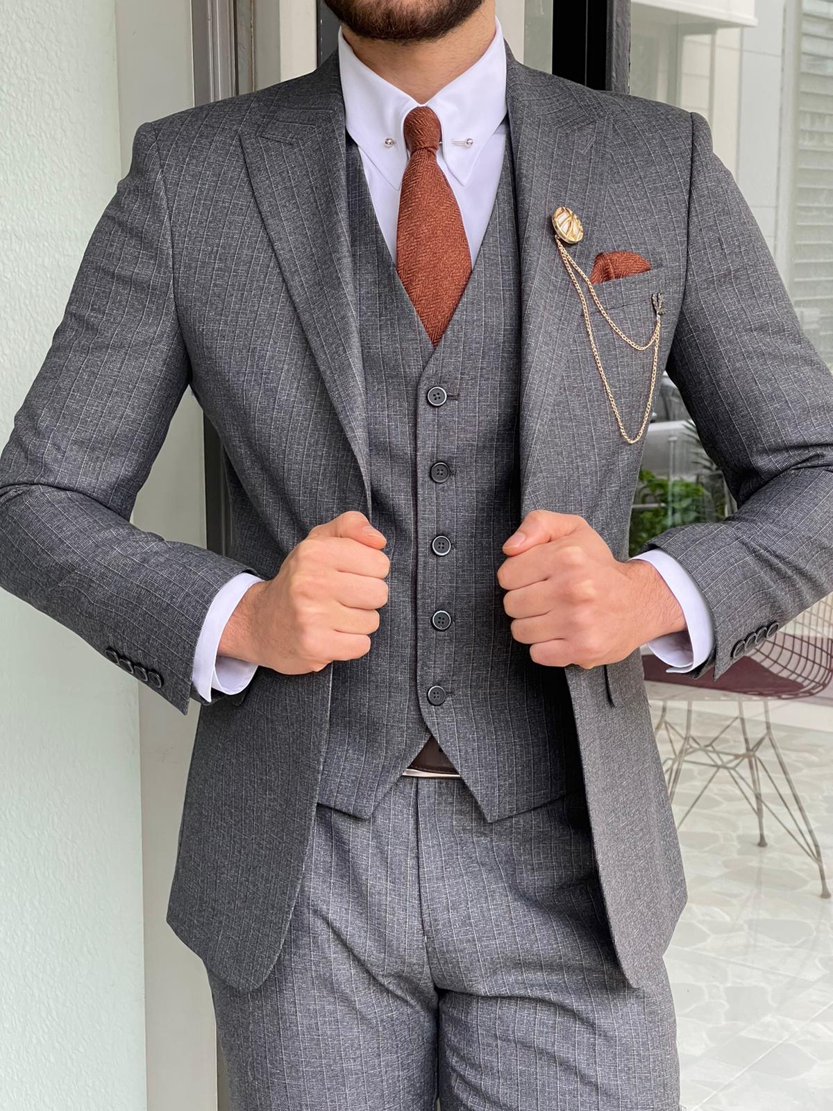 Sarpa Gray Slim Fit Peak Lapel Plaid Wool Suit – BRABION