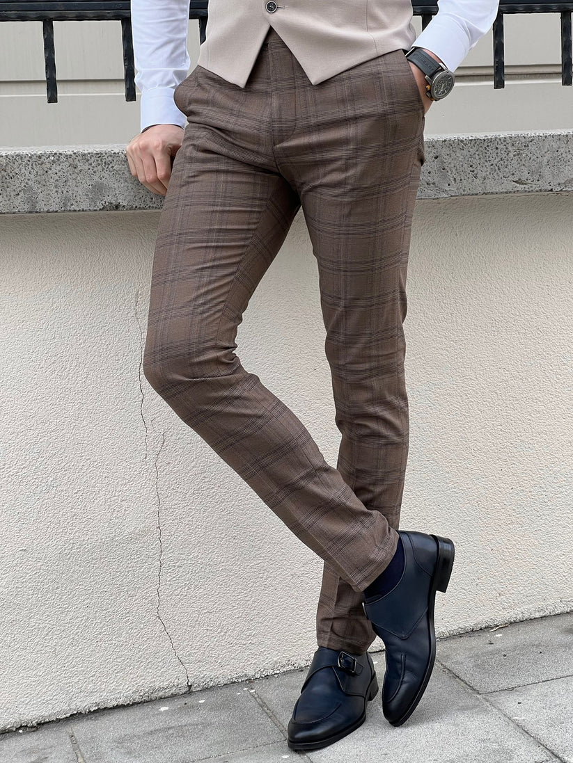 Fabio Brown Plaid Slim Fit Woolen Pants – BRABION