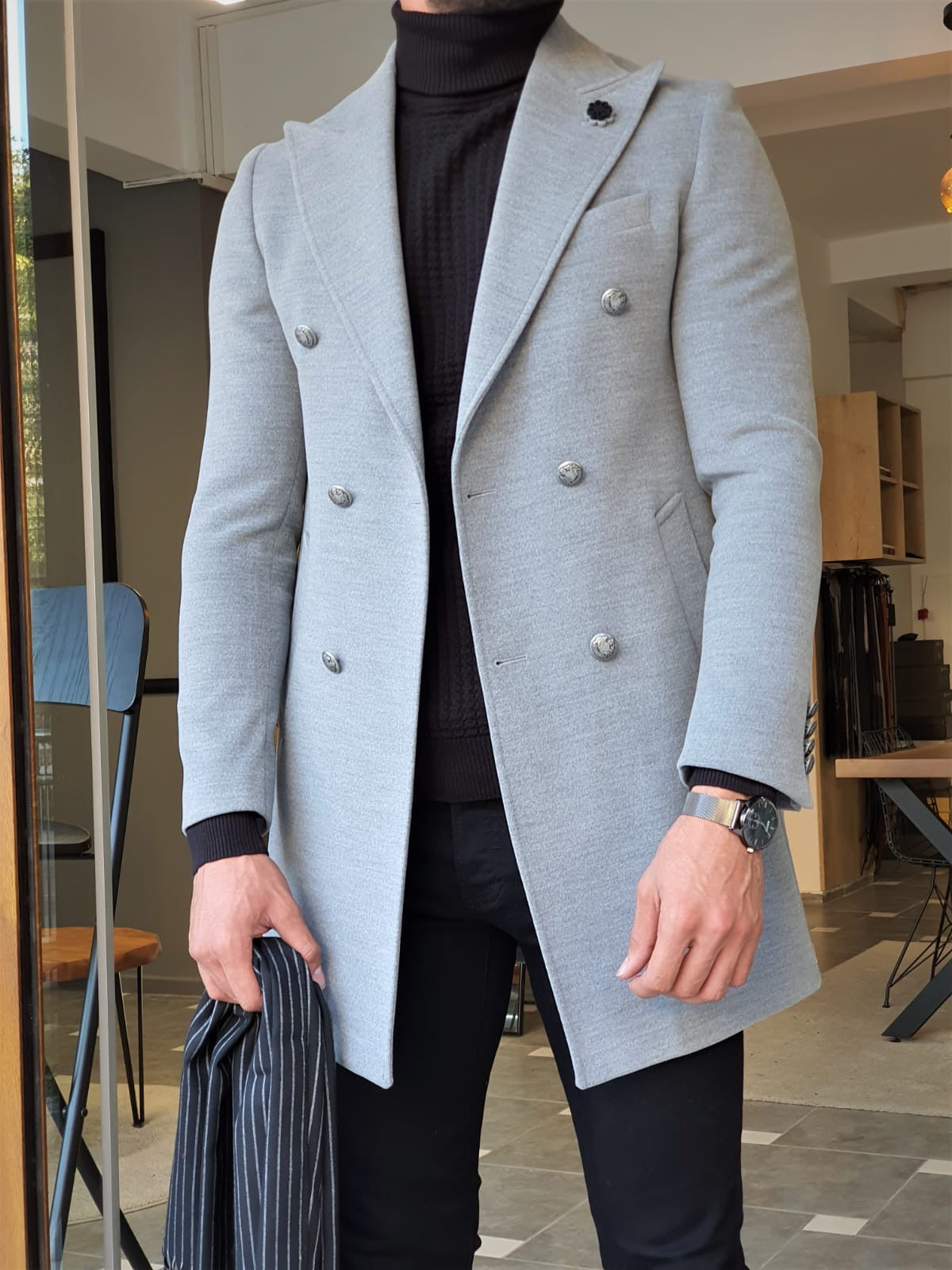 Stefano Gray Slim Fit Wool Long Coat – BRABION