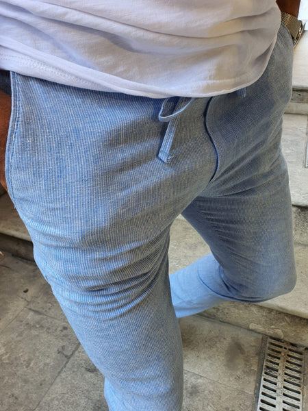 Ogden Blue Slim Fit Laced Striped Pants – Brabion