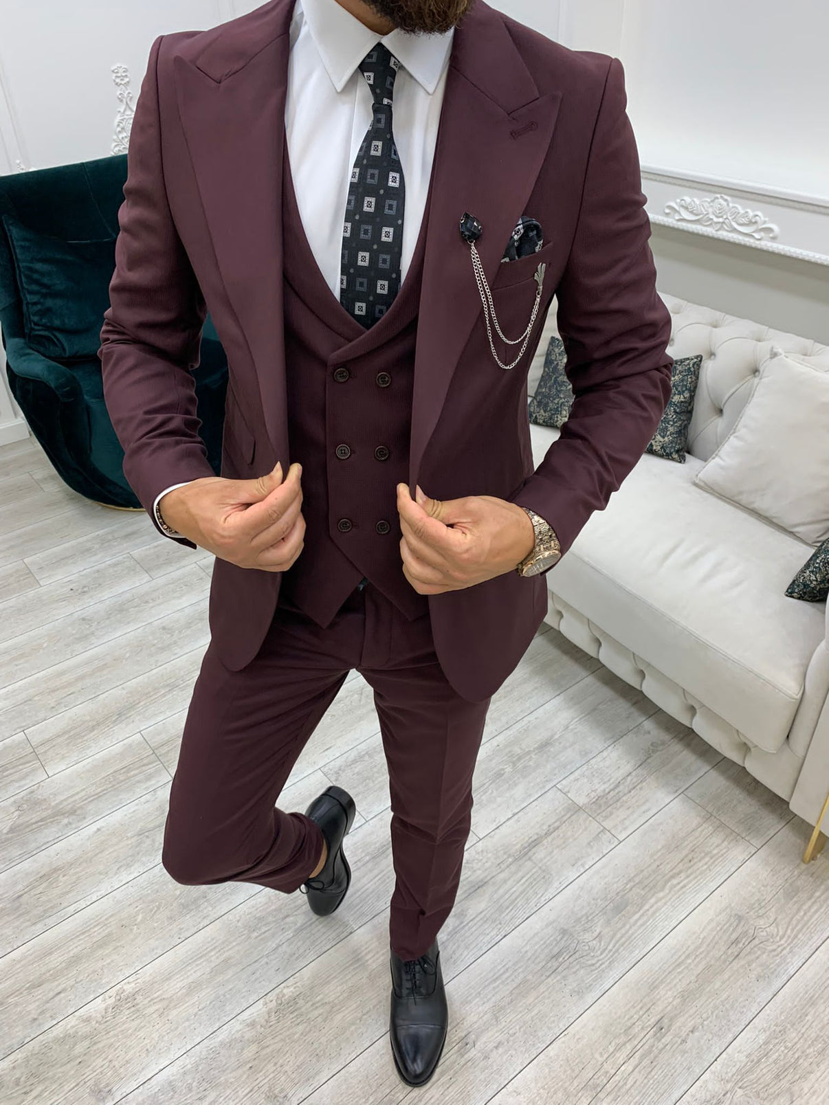 Austin Burgundy Slim Fit Peak Lapel Suit – BRABION