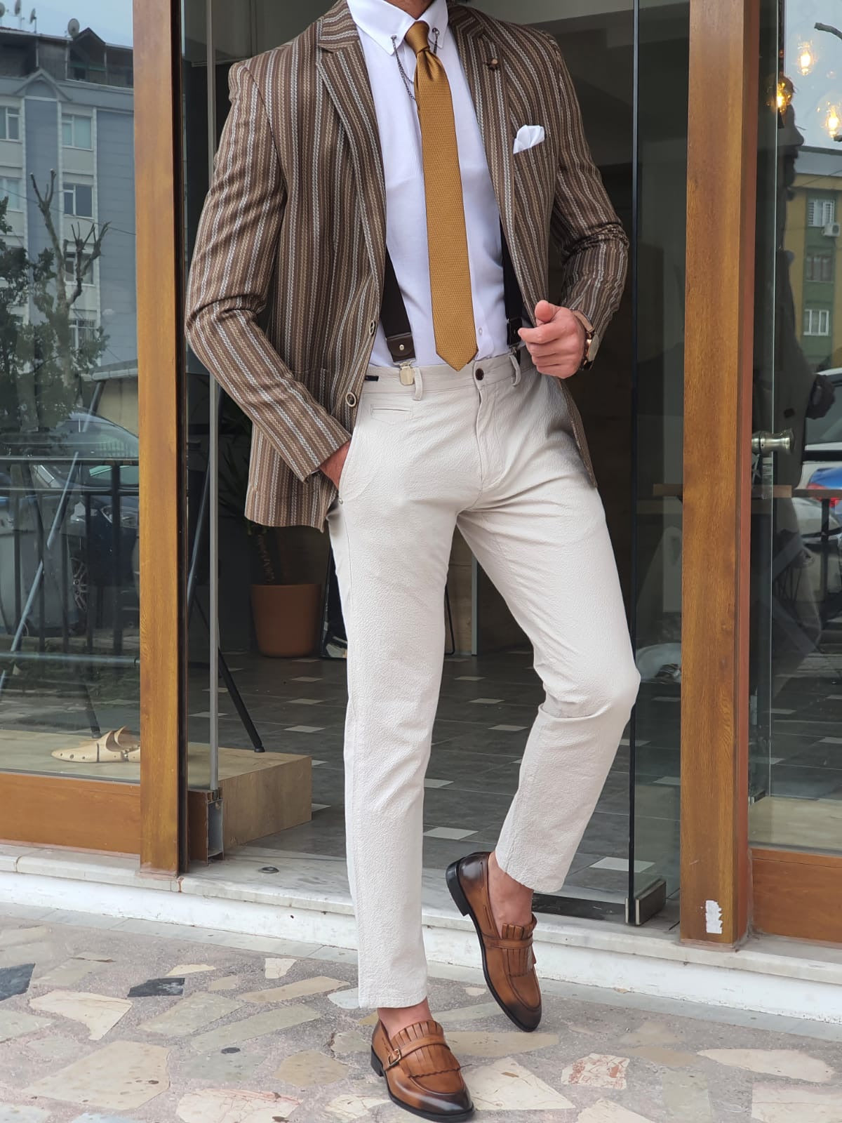 Montreal Brown Slim Fit Striped Blazer – BRABION