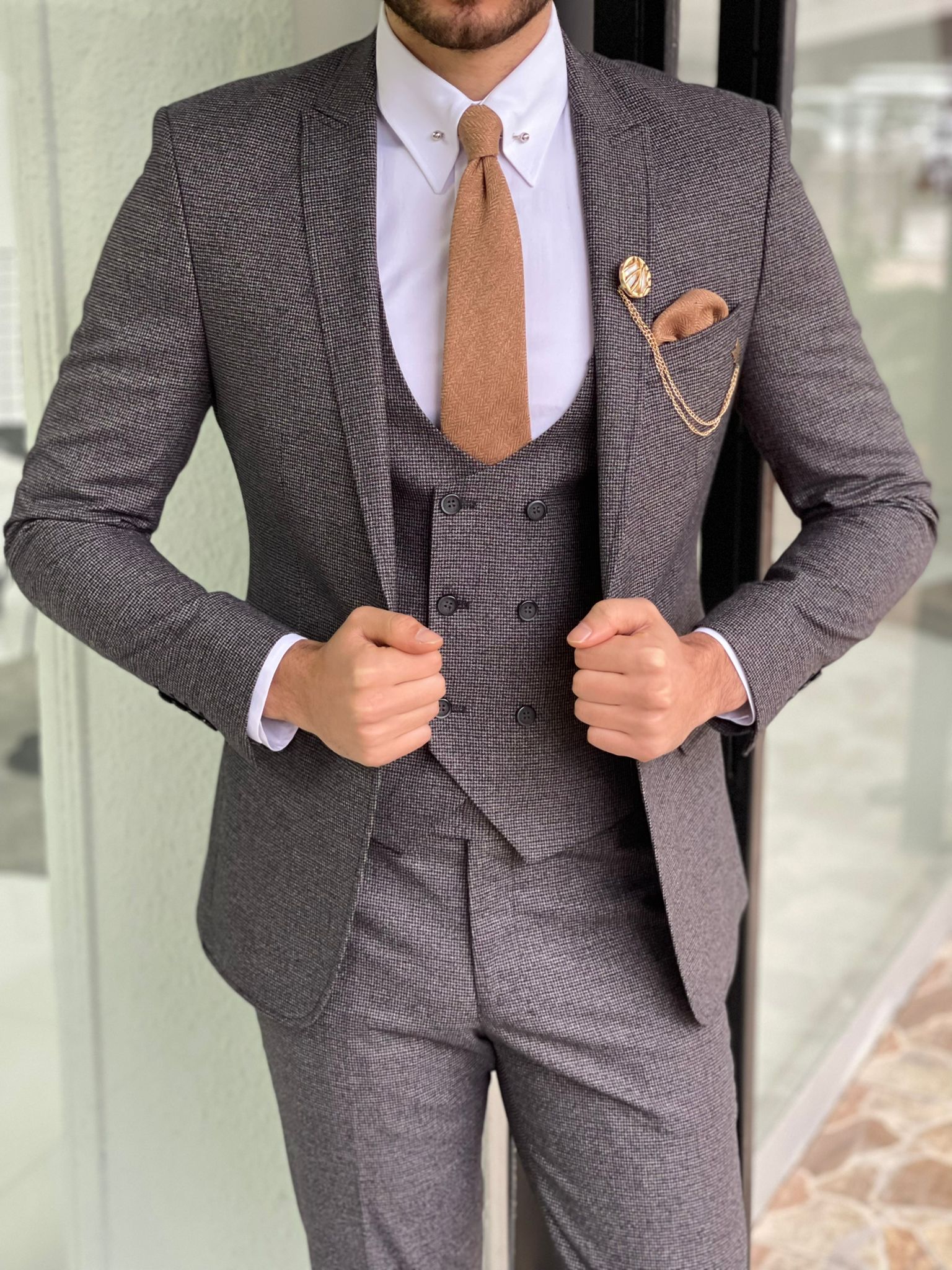 Davis Gray Slim Fit Peak Lapel Wool Suit – BRABION