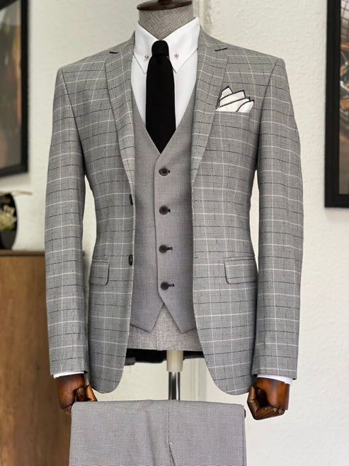 Toros Gray Slim Fit Notch Lapel Plaid Wool Suit – BRABION