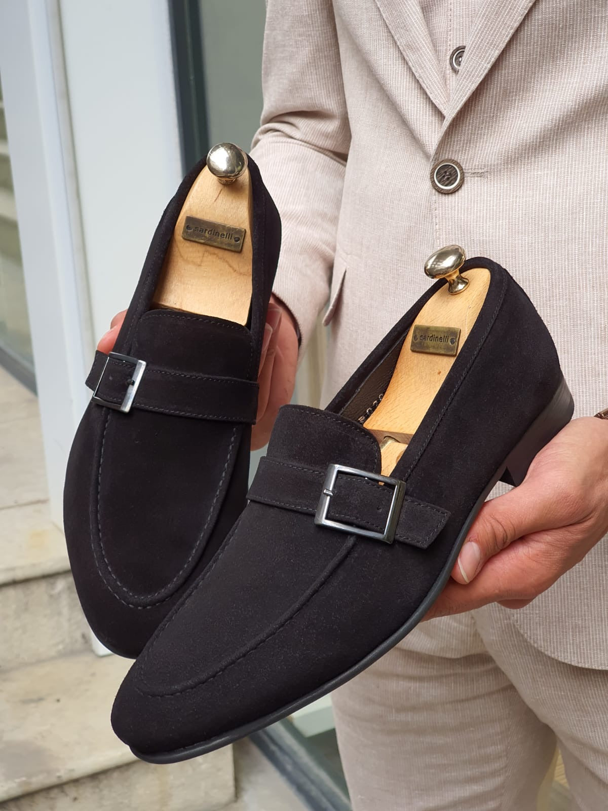 suede buckle loafers