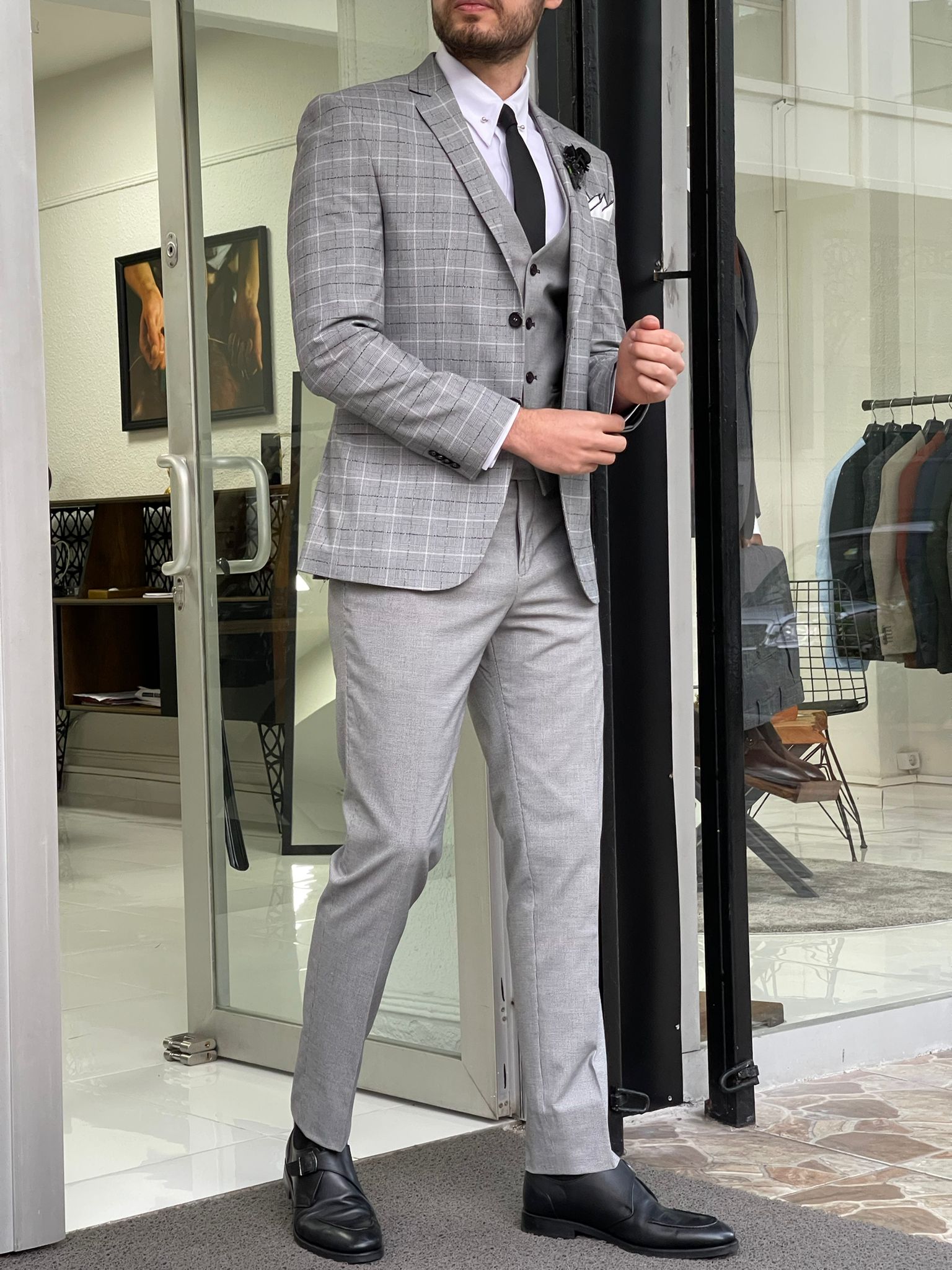 Hazel Gray Slim Fit Peak Lapel Plaid Wool Suit – brabion