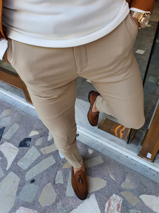 Slim Fit Striped Fabric Camel Pants – OUTFITLIFT