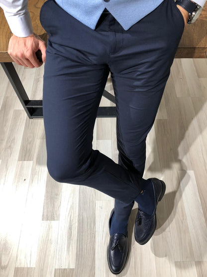 Navy Blue Cotton Slim Pants – BRABION