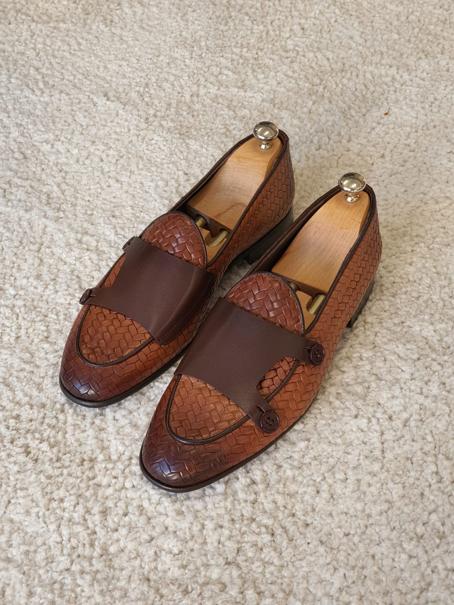 Bristol Tan Woven Leather Double Monk Strap Loafers – brabion