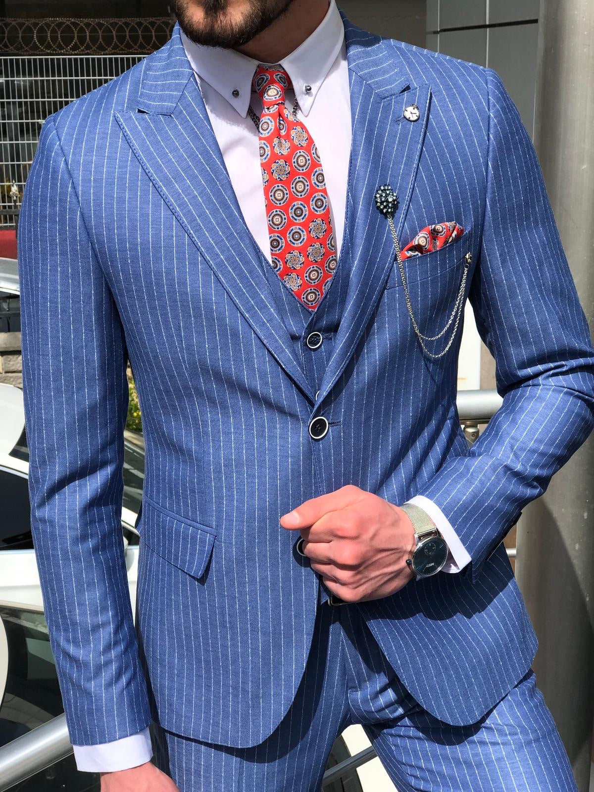 Bernard Blue Striped Slim Fit Suit – BRABION