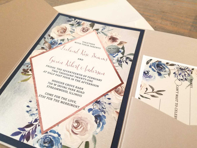 Rose Gold And Navy Blue Pocket Wedding Invitation Raspberry Creative