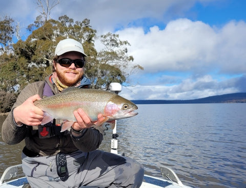 A nice 5lb + Rainbow from a rocky shore.