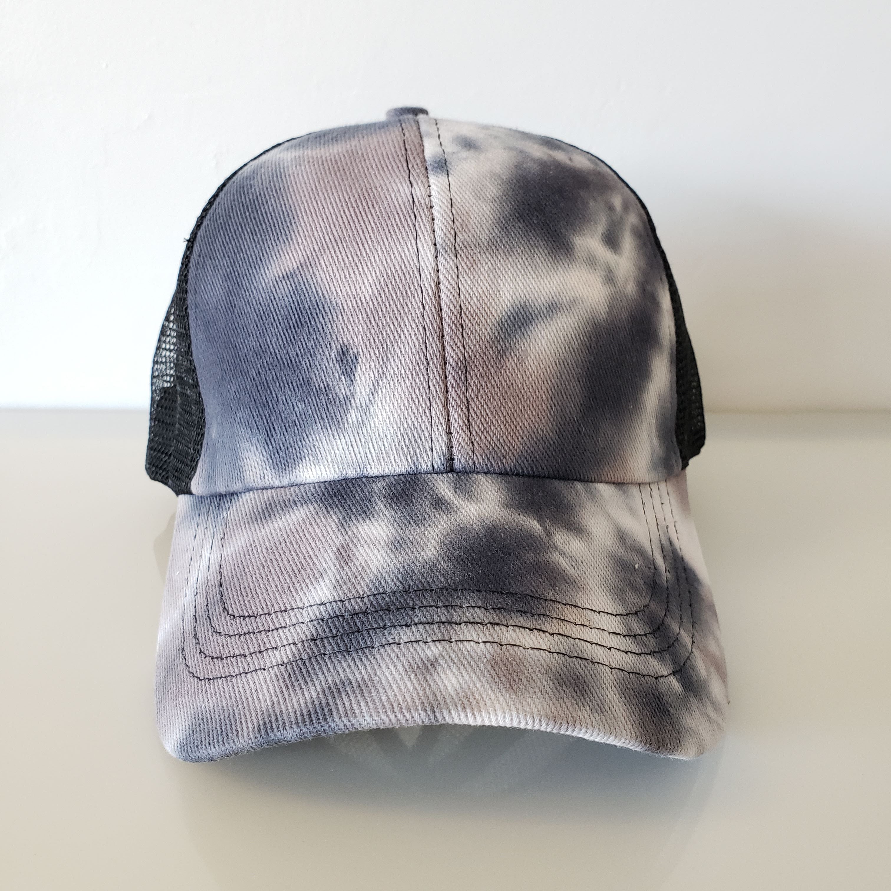 Fish On! Hat | Distressed Baseball Cap or Ponytail Hat | Fishing Hat Dk Grey Mesh Ponytail