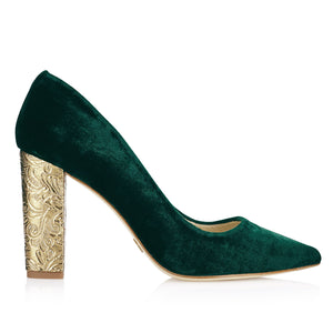 ZAPATO-TERCIOPELO-VERDE-TACON-DAMASCO-ORO -