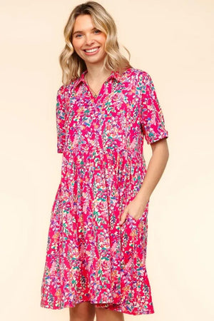 Haptics Johnny Collar Babydoll Dress with Side Pockets - Turquoise & Tangerine