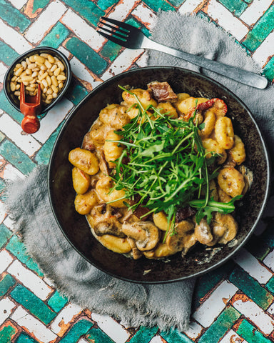 one pan vegan gnocchi with steak and mushrooms