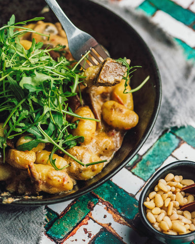 one-an vegan gnocchi with steak and mushrooms