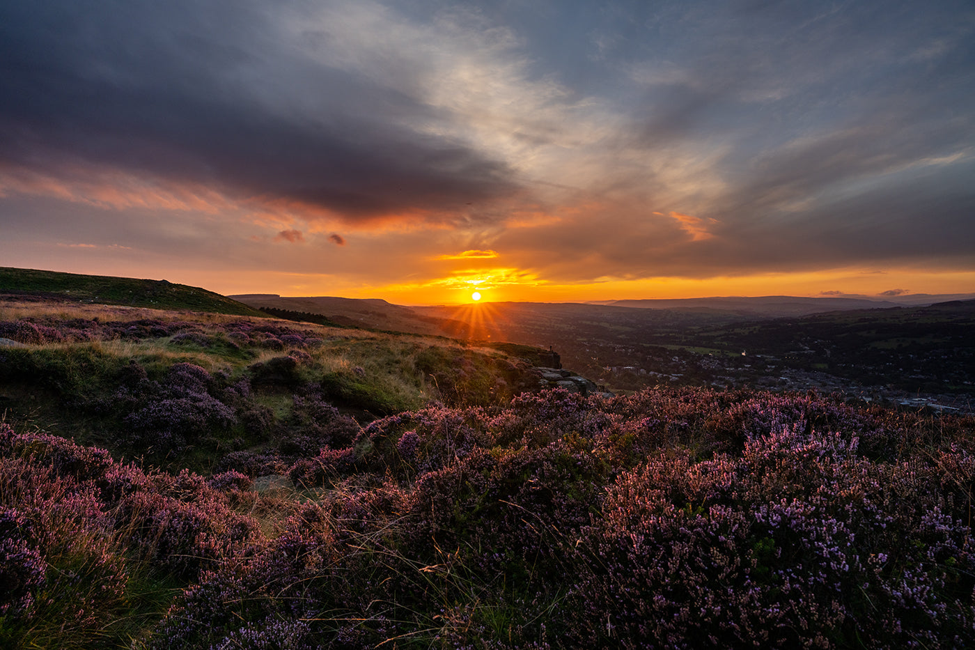 Sunset over heather on Ilkley Moor 