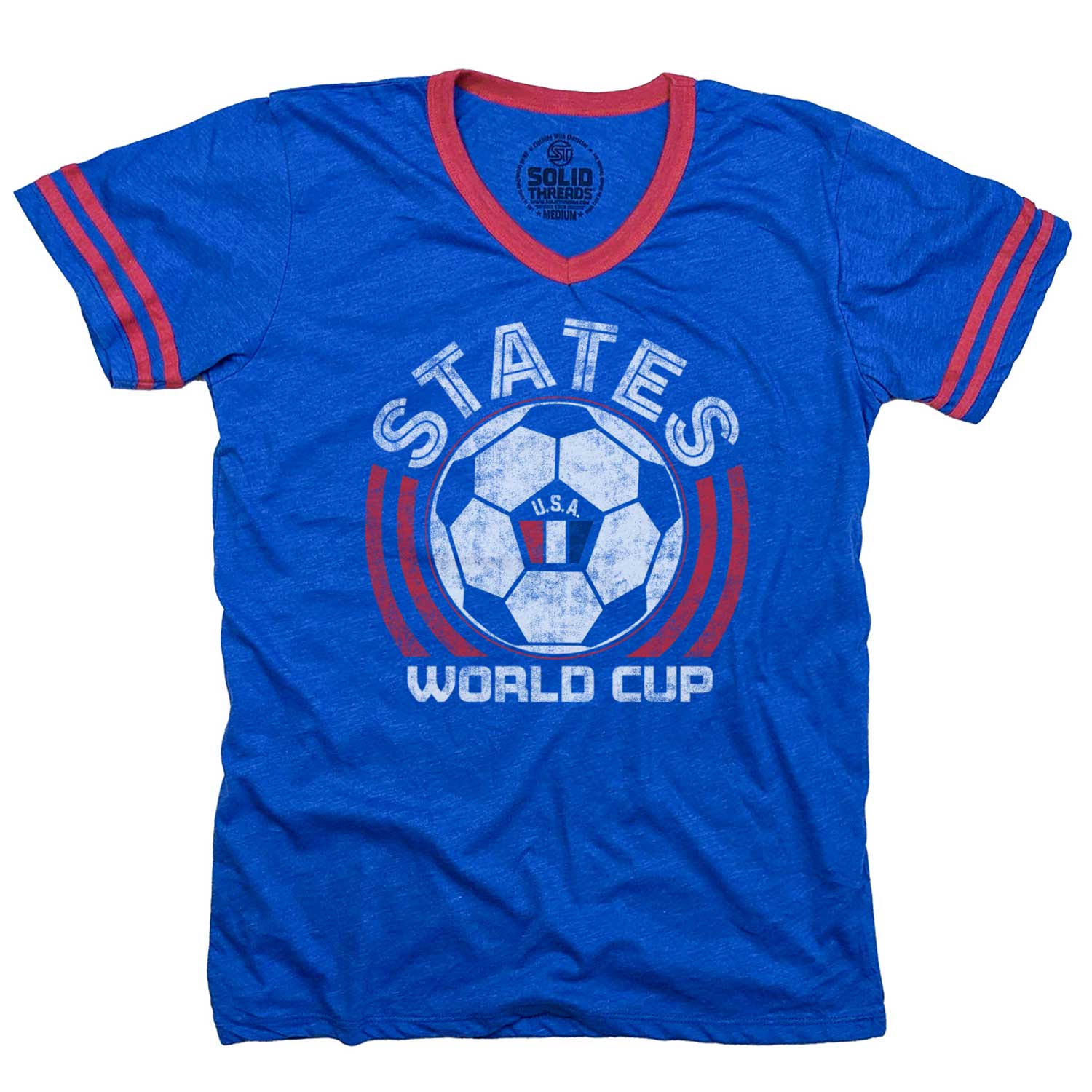 Solid Threads United States Soccer Gooaalll Retro American Futbol Graphic V-Neck Tee Royal/Red / X-Large / Front