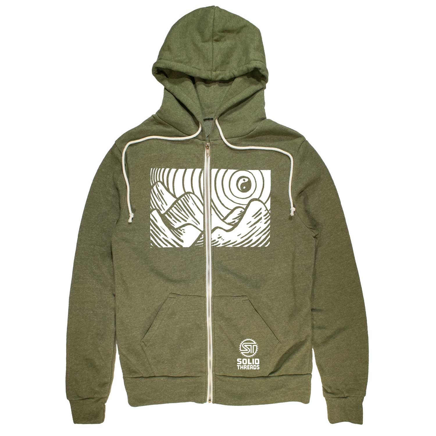 Flowing Tree Retro Inspired Zip Up Hoodie | Cool Nature Sweatshirt | Solid Threads Olive / Medium