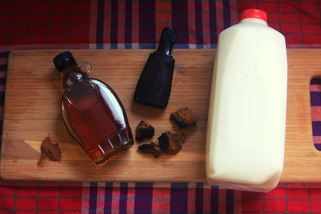 Ingredients - Chaga Chunks, Maple Syrup, Milk, Vanilla Extract, Cinnamon