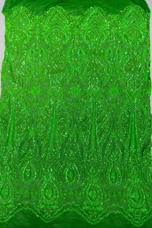 4 Way Stretch Fabric - Emerald Green - Embroidered Pattern Design Sequins Fabric on Mesh By Yard - METATRON FABRICS