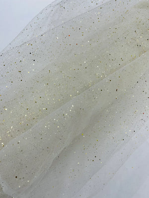 Sparkling Glitter Tulle Fabric - Ivory / Gold - Sparkling Glitter Tulle Mesh Fabric Sold By Yard - METATRON FABRICS